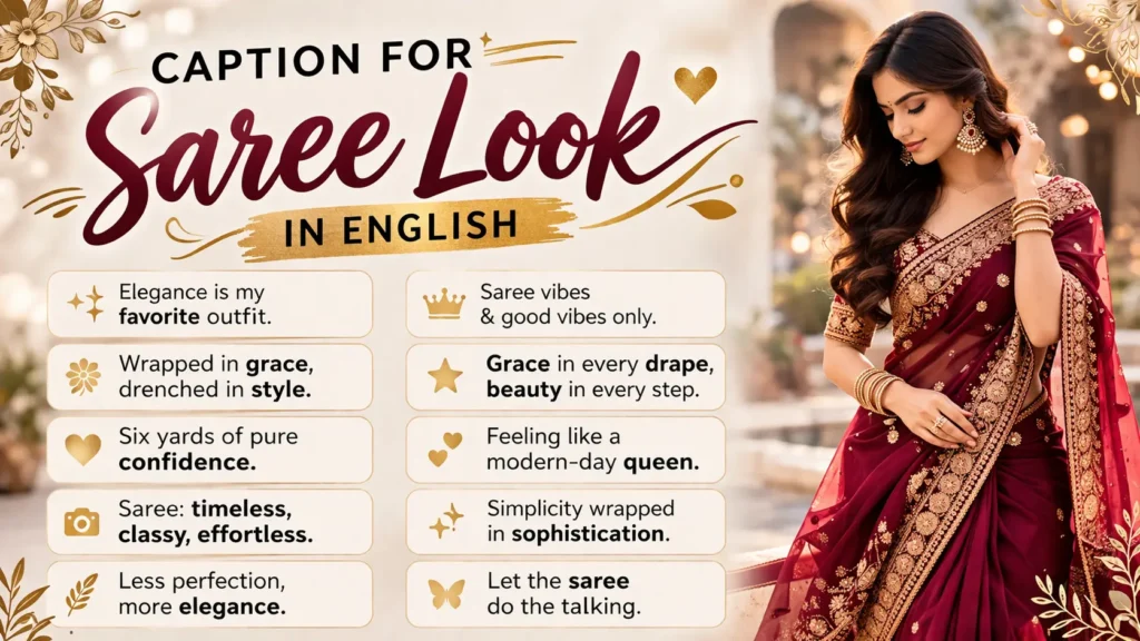 caption for saree look in english